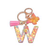 Load image into Gallery viewer, 26 Letter Pink Tassel Gradient Butterfly Resin Keychain Pendant Key Ring Women Bag Ornaments Accessories