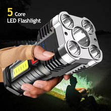 Load image into Gallery viewer, 5 LED Super Bright Flashlight Multi-function Rechargeable Outdoor Waterproof Led Long-range Spotlight Battery Display COB Light