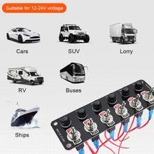 Load image into Gallery viewer, 3 Gang/6 Gang Toggle Switch Panel On/Off Rocker Toggle Switch with 10A Fuse Racing Cars RV Camper Marine Boat Yacht 12V/24V