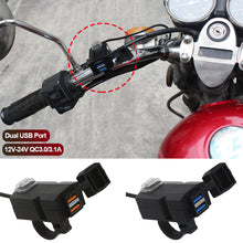 Load image into Gallery viewer, 12V-24V QC3.0/3.1A Dual USB Port Motorcycle Handlebar Charger Adapter Power Supply Socket Dustproof Waterproof
