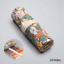 Load image into Gallery viewer, 12/24/36/48 Holes Cartoon Cat Canvas Roll Up Pen Curtain Pencil Bag Case Makeup Wrap Holder Storage Pouch School Supplies