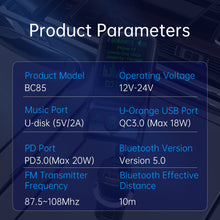 Load image into Gallery viewer, 1.77 Inch Color Screen Car Bluetooth Support Qc3.0 And Pd Fast Charging Eq Audio Adjustment Player With Rod Bc85