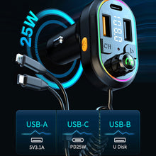 Load image into Gallery viewer, Car Bluetooth 5.0 FM Transmitter Wireless Audio Receiver Car MP3 Player 25W PD Fast Charge With Apple Type-C Port Charging Cable