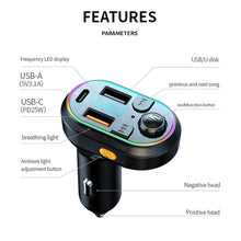 Load image into Gallery viewer, Car Bluetooth 5.0 FM Transmitter Wireless Audio Receiver Car MP3 Player 25W PD Fast Charge With Apple Type-C Port Charging Cable