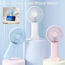 Load image into Gallery viewer, Portable USB Chargeable Mini Fan Handheld Fans with Base Summer Outdoor 3 Speed Adjustable Hand Hold Fan with Phone Holder