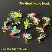 Load image into Gallery viewer, 10PCS/Box Fly Hook Fly Mosquito Fluorescent Bug Nanomite Style Fly Hook Horse Mouth Hook Fish Hook Fishing Gear Accessories