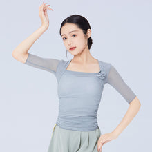 Load image into Gallery viewer, Classical Dance Dress Practice Smock Adult Elastic Mesh Gauze Top Middle Sleeve Ballet Dance Suit Body Gymnastics Suit With 3D Flower Decoration