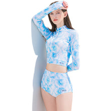 Load image into Gallery viewer, Long-Sleeved Separate Swimsuit Blue Tie-Dye High-Waisted Flat Angle Conservative Swimsuit With Zipper Sunscreen Bikini Two-Piece Set