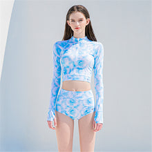 Load image into Gallery viewer, Long-Sleeved Separate Swimsuit Blue Tie-Dye High-Waisted Flat Angle Conservative Swimsuit With Zipper Sunscreen Bikini Two-Piece Set