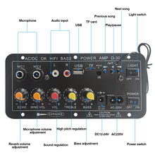 Load image into Gallery viewer, Bluetooth Digital Stereo Amplifier Board AC 220V 12v 24v Subwoofer Dual Microphone Amplifiers For 8-12 Inch Speaker