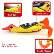 Load image into Gallery viewer, Surface System Floating Propeller Rotating Simulation Duck Fishing Bait 11G 9.5CM Rubber 3D Eyes Artificial Double Hook Bait Luya Soft Bait