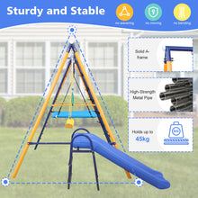 Load image into Gallery viewer, 500 lbs 7 in 1 Swing Set for Kids Backyard Outdoor A-Frame Heavy-Duty Metal Swing Sets with Slide, 2 Swing Seats, 1 Climbing Net &amp; Ladder, 1 Gym Ring, 1 Basket
