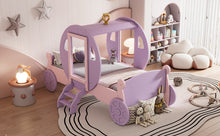 Load image into Gallery viewer, Twin size Princess Carriage Bed with Crown,Wood Platform Car Bed with Stair,Purple+Pink
