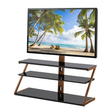 Load image into Gallery viewer, Tempered Glass Height Adjustable Universal Swivel Glass Floor Media Storage Stand With Mount Heat-Transferred Printing Metal Tube, Walnut/Black
