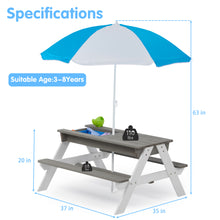 Load image into Gallery viewer, 3-in-1 Kids Outdoor Wooden Picnic Table With Umbrella, Convertible Sand &amp; Wate, Gray ASTM &amp; CPSIA CERTIFICATION
