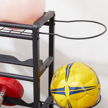 Load image into Gallery viewer, 4-Tier Metal Storage Organizer with Rolling Wheels for Basketball Sports Equipment Organizer for Yoga Mat Larger Ball Storage Rack with Baskets and Hooks, Indoor or Outdoor for Tennis Racket,Football
