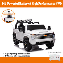 Load image into Gallery viewer, White, 24V 2 Seater Ride On Truck Car, Licensed Chevrolet Silverado HD Electric Car for Kids, 4WDmotors, with2.4G Remote Control, Metal Suspension, Soft Start, FM/Bluetooth/Music, LED Light,Toys Gifts
