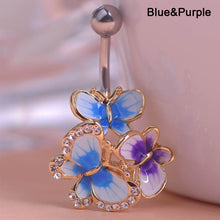 Load image into Gallery viewer, Fashion Gold Enamel Crystal Belly Navel Button Ring Bar Butterfly Medical Steel Surgical Body Piercing Jewelry
