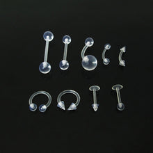 Load image into Gallery viewer, 9 Pcs Body Piercing Jewelry Clear Transparent Tongue Barbell Ring Acrylic Labret Piercing Tragus Nose Ring Eyebrow Ring
