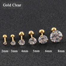 Load image into Gallery viewer, Fashion CZ 3 Prong Tragus Cartilage Stainless Steel Ear Stud Crystal Zircon Earrings Piercing Jewelry Gold Clear
