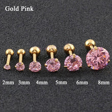 Load image into Gallery viewer, Fashion CZ 3 Prong Tragus Cartilage Stainless Steel Ear Stud Crystal Zircon Earrings Piercing Jewelry Gold Pink
