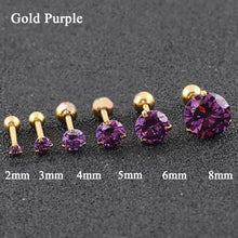 Load image into Gallery viewer, Fashion CZ 3 Prong Tragus Cartilage Stainless Steel Ear Stud Crystal Zircon Earrings Piercing Jewelry Gold Purple
