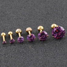 Load image into Gallery viewer, Fashion CZ 3 Prong Tragus Cartilage Stainless Steel Ear Stud Crystal Zircon Earrings Piercing Jewelry Gold Purple
