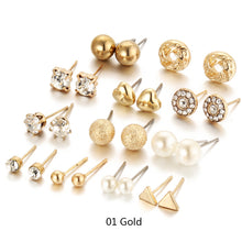 Load image into Gallery viewer, Fashion 12 Pair Set Trendy Style Women Square Crystal Heart Stud Earrings for Women Piercing Simulated Pearl Flower Earring
