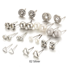 Load image into Gallery viewer, Fashion 12 Pair Set Trendy Style Women Square Crystal Heart Stud Earrings for Women Piercing Simulated Pearl Flower Earring
