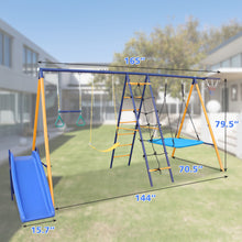 Load image into Gallery viewer, 500 lbs 7 in 1 Swing Set for Kids Backyard Outdoor A-Frame Heavy-Duty Metal Swing Sets with Slide, 2 Swing Seats, 1 Climbing Net &amp; Ladder, 1 Gym Ring, 1 Basket
