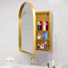 Load image into Gallery viewer, 24x36 Inch Arched Recessed Medicine Cabinet, Metal Framed Bathroom Wall Cabinet with Mirror and Adjustable Shelves, Wall Mirror with Storage for Bathroom, Matte Gold
