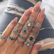Load image into Gallery viewer, 15pcs/set Fashion Personalized Hollow Lotus Sunflower Geometric Black Gem Rings Women Jewelry Gift
