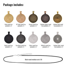 Load image into Gallery viewer, 100 Pieces- 50 PCS Round Bezel Pendant Trays Sets, with 50 PCS Black Waxed Necklace Cord for Photo Pendant Crafting Jewelry
