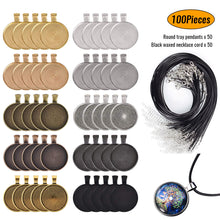 Load image into Gallery viewer, 100 Pieces- 50 PCS Round Bezel Pendant Trays Sets, with 50 PCS Black Waxed Necklace Cord for Photo Pendant Crafting Jewelry
