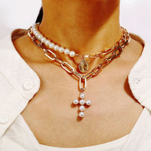 Load image into Gallery viewer, Fashion Creative Vintage Pearl Cross Pendant Multi Layer Necklace Women Jewelry Gift
