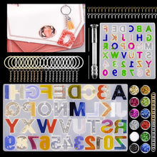 Load image into Gallery viewer, 255 PCS Alphabet Letter Number Resin Molds Set with Hand Drill, 2 Silicone Resin Molds, 40 Key Rings, 12 Resin Glitters, 100 Screw Eye Pins, 100 Opening Rings, Reversed Epoxy Resin Casting Molds Backward Keychain Resin Molds
