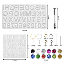 Load image into Gallery viewer, 255 PCS Alphabet Letter Number Resin Molds Set with Hand Drill, 2 Silicone Resin Molds, 40 Key Rings, 12 Resin Glitters, 100 Screw Eye Pins, 100 Opening Rings, Reversed Epoxy Resin Casting Molds Backward Keychain Resin Molds

