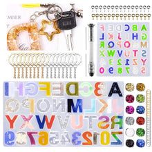 Load image into Gallery viewer, 255 PCS Alphabet Letter Number Resin Molds Set with Hand Drill, 2 Silicone Resin Molds, 40 Key Rings, 12 Resin Glitters, 100 Screw Eye Pins, 100 Opening Rings, Reversed Epoxy Resin Casting Molds Backward Keychain Resin Molds

