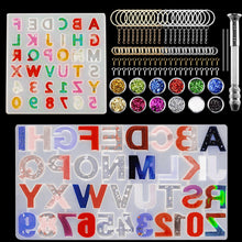 Load image into Gallery viewer, 255 PCS Alphabet Letter Number Resin Molds Set with Hand Drill, 2 Silicone Resin Molds, 40 Key Rings, 12 Resin Glitters, 100 Screw Eye Pins, 100 Opening Rings, Reversed Epoxy Resin Casting Molds Backward Keychain Resin Molds
