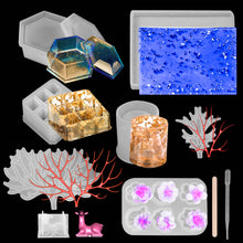 Load image into Gallery viewer, 23Pcs Epoxy Silicone Resin Molds Set, Including Deer Makeup Jewelry Display Tray, 9-Slot Lipstick Organizer Pen Holder, Hexagon Storage Box, Flower and 10 Mixing Sticks, 5pcs 3ML Plastic Droppers Tools for DIY Resin Casting Crafts
