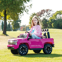 Load image into Gallery viewer, Pink, 24V 2 Seater Ride On Truck Car, Licensed Chevrolet Silverado HD Electric Car for Kids, 4WDmotors, with2.4G Remote Control, Metal Suspension, Soft Start, FM/Bluetooth/Music, LED Light,Toys Gifts
