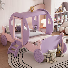 Load image into Gallery viewer, Twin size Princess Carriage Bed with Crown,Wood Platform Car Bed with Stair,Purple+Pink
