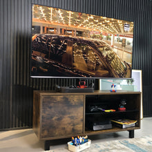 Load image into Gallery viewer, Rustic Brown TV Console with push-to-open Storage Cabinet for TV up to 65in Wood &amp;glass TV Stand for Living Room Bedroom
