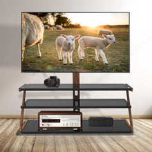 Load image into Gallery viewer, Tempered Glass Height Adjustable Universal Swivel Glass Floor Media Storage Stand With Mount Heat-Transferred Printing Metal Tube, Walnut/Black
