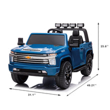 Load image into Gallery viewer, Blue, 24V 2 Seater Ride On Truck Car, Licensed Chevrolet Silverado HD Electric Car for Kids, 4WDmotors, with 2.4G Remote Control, Metal Suspension, Soft Start, FM/Bluetooth/Music, LED Light,Toys Gifts
