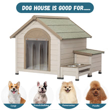 Load image into Gallery viewer, Outdoor fir wood dog house with an open roof ideal for small to medium dogs. With storage box, elevated feeding station with 2 bowls. Weatherproof asphalt roof and treated wood.
