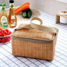 Load image into Gallery viewer, Portable Imitation Rattan Printed Thickened Picnic Bag Waterproof Bento Bag Outdoor Food Insulation Camping Bento Bag Portable Lunch Box Bag
