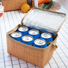 Load image into Gallery viewer, Portable Imitation Rattan Printed Thickened Picnic Bag Waterproof Bento Bag Outdoor Food Insulation Camping Bento Bag Portable Lunch Box Bag

