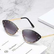 Load image into Gallery viewer, New Triangle Cat Eye Sunglasses Alloy Rimless Crystal Shiny Sun Glasses Female Unique Elegant Green Rhinestone Shades
