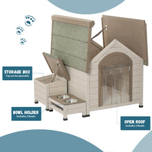 Load image into Gallery viewer, Outdoor fir wood dog house with an open roof ideal for small to medium dogs. With storage box, elevated feeding station with 2 bowls. Weatherproof asphalt roof and treated wood.
